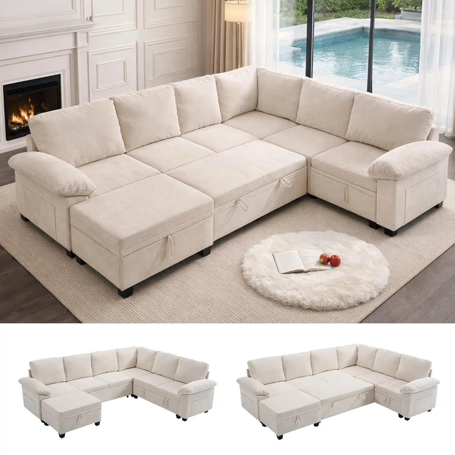 108 Inch Sectional Sleeper L Shaped Sofa with Pull Out Bed, 7 Seat Modular Sectional Sofa with Storage, Modern, Customized
