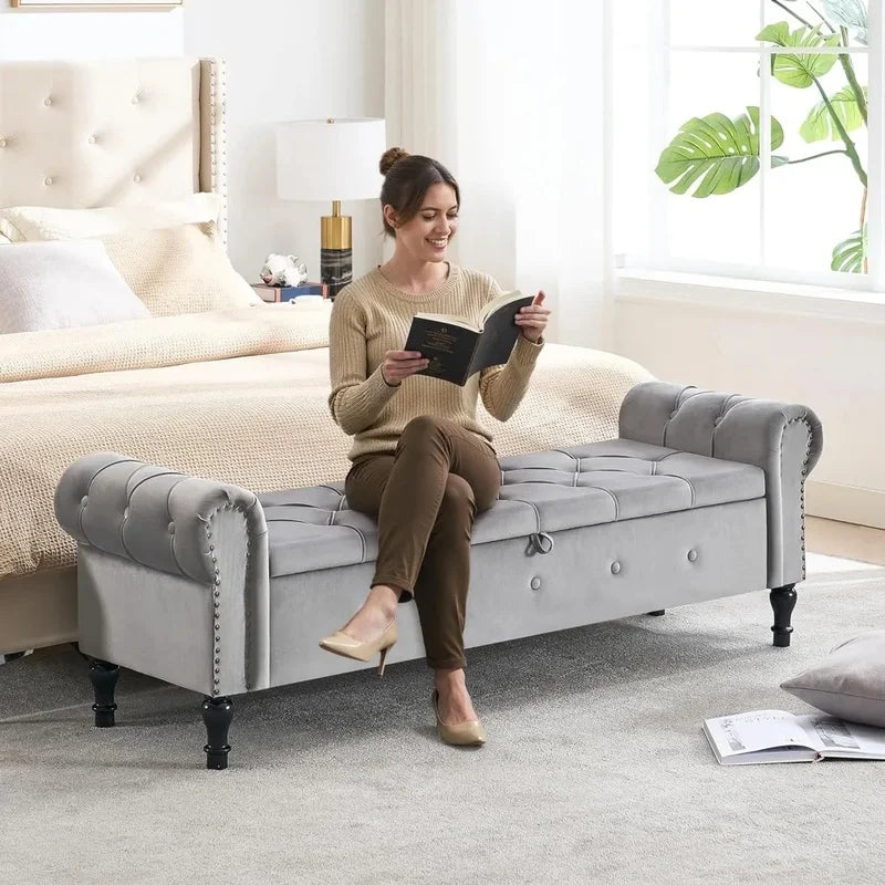 Velvet Tufted Storage Bench, 67" Bedroom End of Bed Bench, King Size with Rolled Arms, Button Ottoman Bench