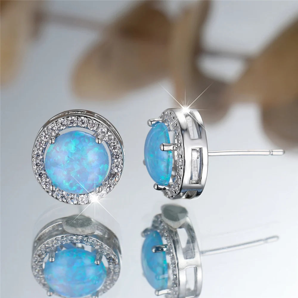 Crystal Opal Stud Earrings Round Stone — Silver | KIMLUD