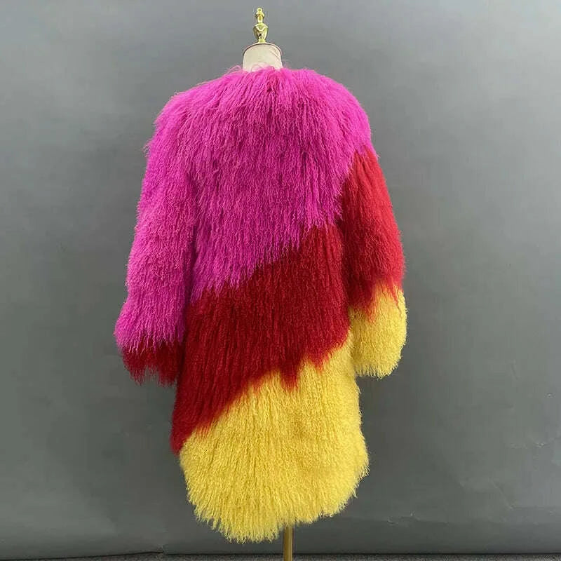 KIMLUD, Long Mongolian Real Fur Coat For Women Elegant Fluffy Solid Thicken Warm Long Sleeves Coats Winter Chic Long Style, KIMLUD Womens Clothes