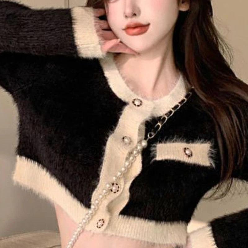 KIMLUD, Winter Fluffy Knit 2 Piece Set Women Patchwork French Vintage Mini Skirt Suit Female Korean Fashion Elegant Office Lady Set 2024, KIMLUD Womens Clothes