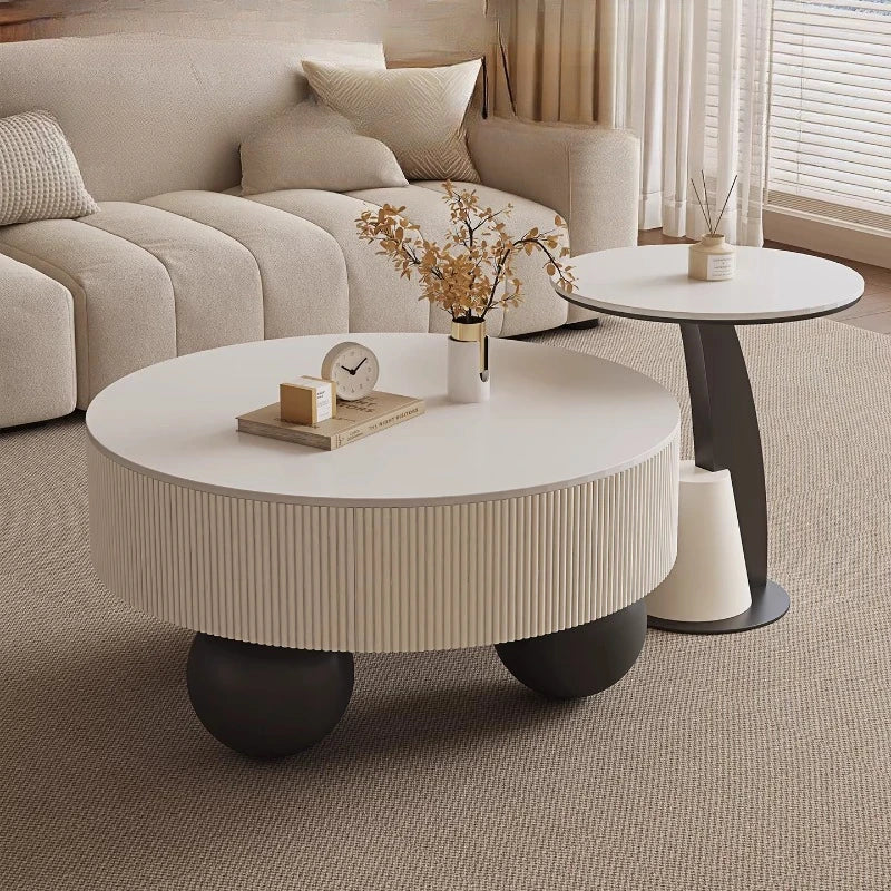 Minimalist Round Coffee Table With Storage Drawers — Ivory White | KIMLUD