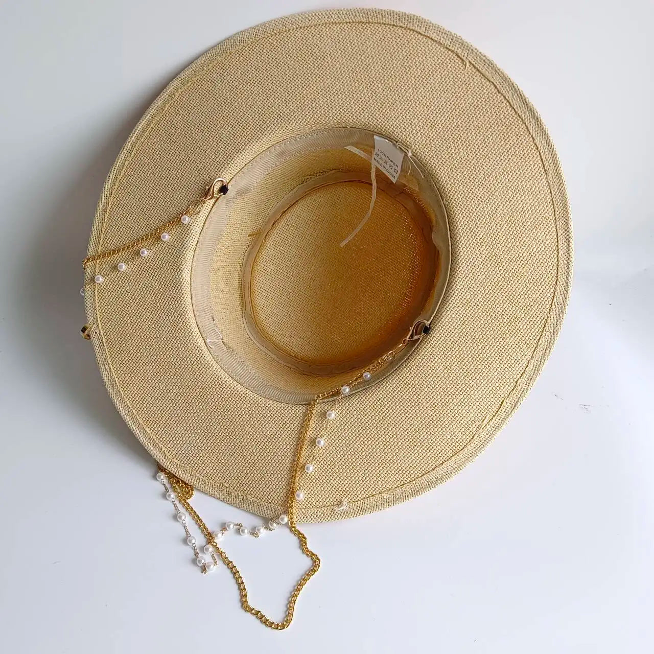 Chain Strap Straw Hat summer beach straw hat pearl Pork pie sun hat new elastic ribbon hat 여름모자
