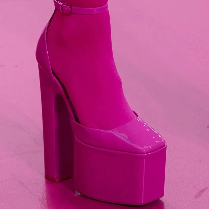 Shiny Patent Leather Platform Heels — Black | KIMLUD