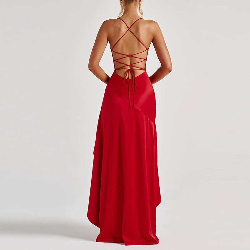 Banquet Luxury Irregular Solid Prom Gown Temperament High Waist Sleeveless Satin Dress Sexy Off Shoulder Slim Halter Long Robes