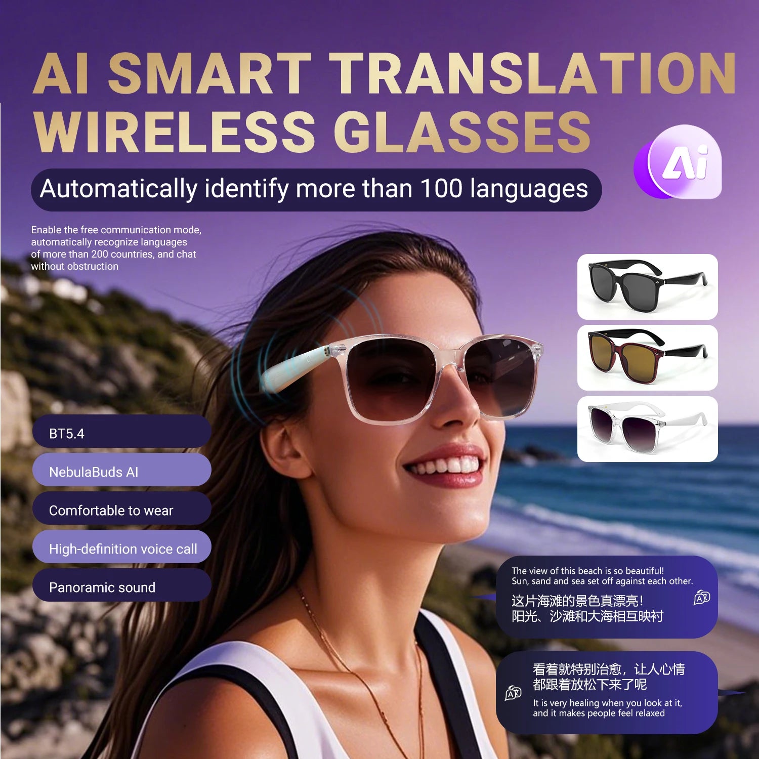LIGE AI Real-time Translation Smart Wireless Glasses 100+Languages Bluetooth 5.4 UV Production Sunglasses For Meeting Travelling