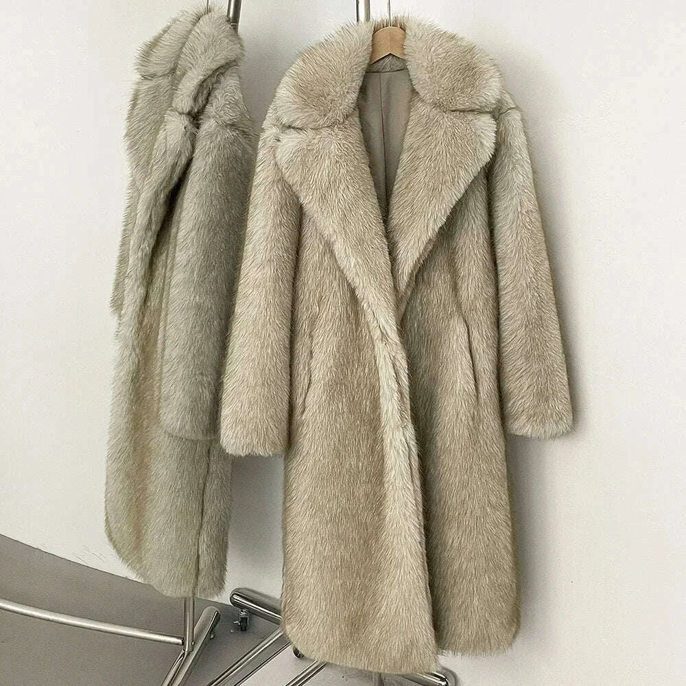 KIMLUD, OFTBUY Long Faux Fur Jacket Fashion European Style Lapel Fur Coat Eco-friendly Covered Button Loose Casual Women Coats Winter, KIMLUD Womens Clothes