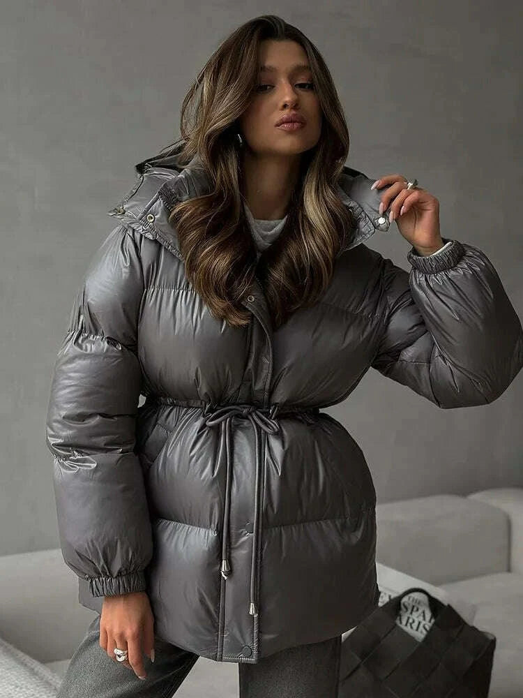 KIMLUD, Women Solid Thicken Cotton Jackets Casual Stand Collar Zipper Long Sleeves Lace Up Detachable Hat Coat Winter Lady Warm Outwear, KIMLUD Womens Clothes