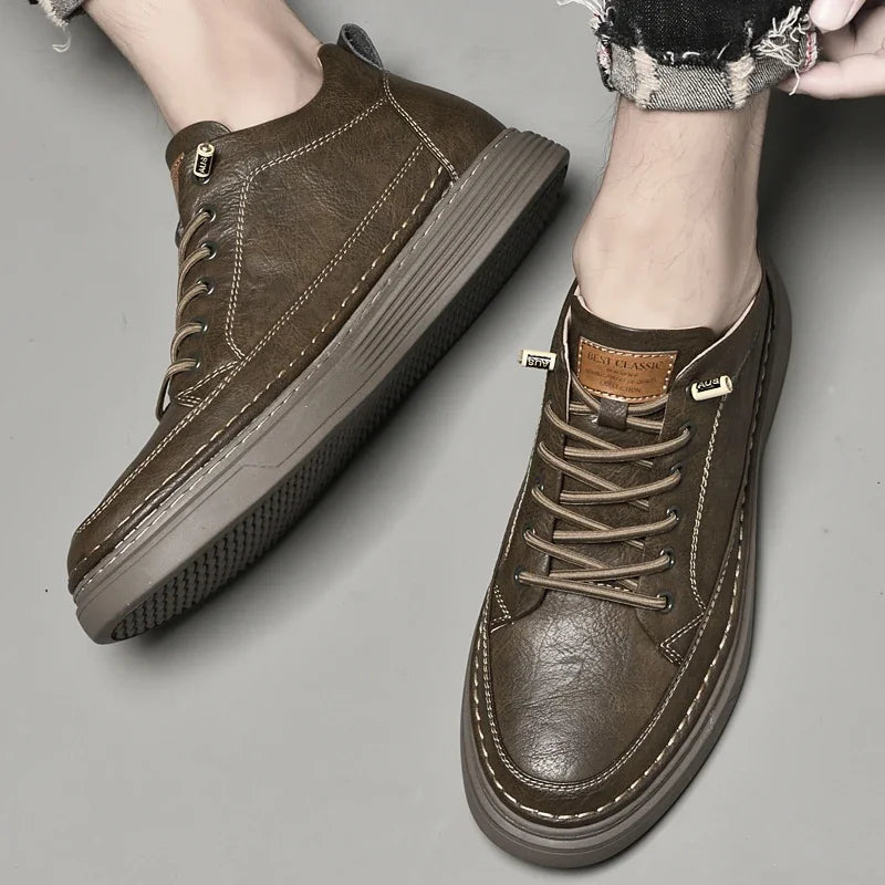 High Top Hiking Shoes – Height Increasing – Leather – Beige | KIMLUD