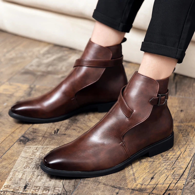 New Brown Short Boots for Men Black Buckle Strap Fashion Ankle Boots Business Square Toe Men Boots