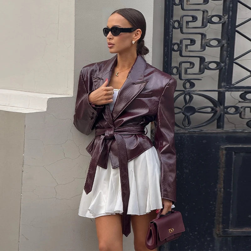 Vintage Pu Leather Belted Jackets Women's Slim Full Sleeve Lapel Short Overcoat 2025 New Autumn Winter Ladies Solid Streetwear