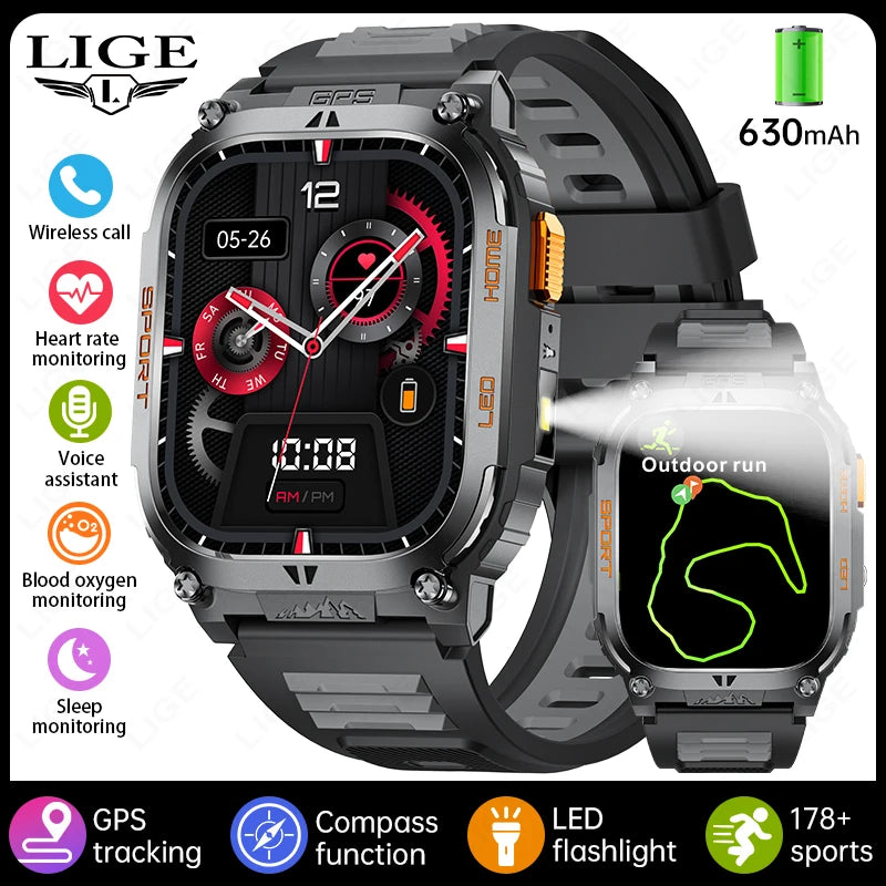 LIGE New GPS Tracking Smart Watch LED Flashlight 1.96inch HD Screen Compass BT Call Waterproof Sport Smartwatch For Android iOS