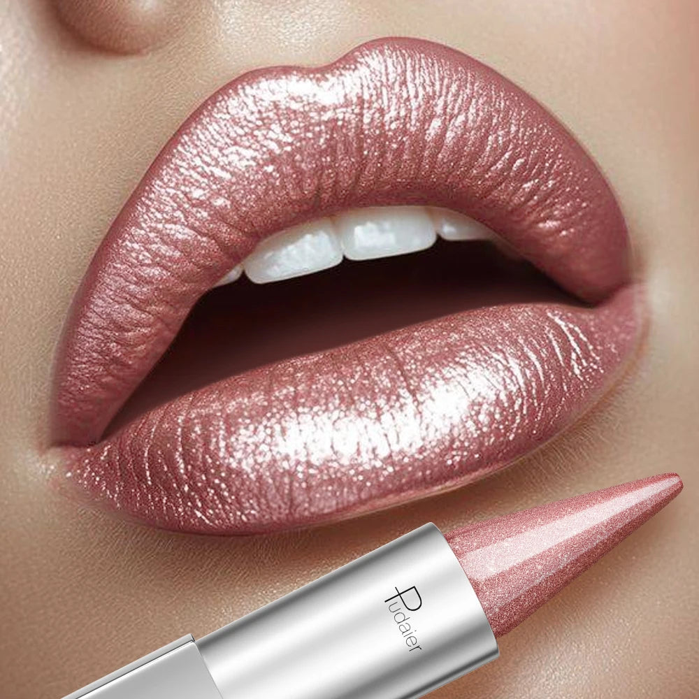 Nude pink pearlescent lipstick, waterproof and long-lasting metallic texture, pearlescent shimmering lipstick, suitable for all
