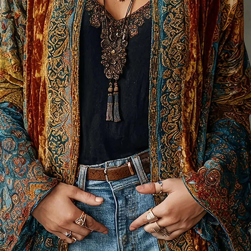 KIMLUD, Spring Fashion Velvet Cardigan Coat Women Elegant Stand Collar Retro Floral Pattern Slim Long Sleeve Outerwear Coats Soft Jacket, KIMLUD Womens Clothes