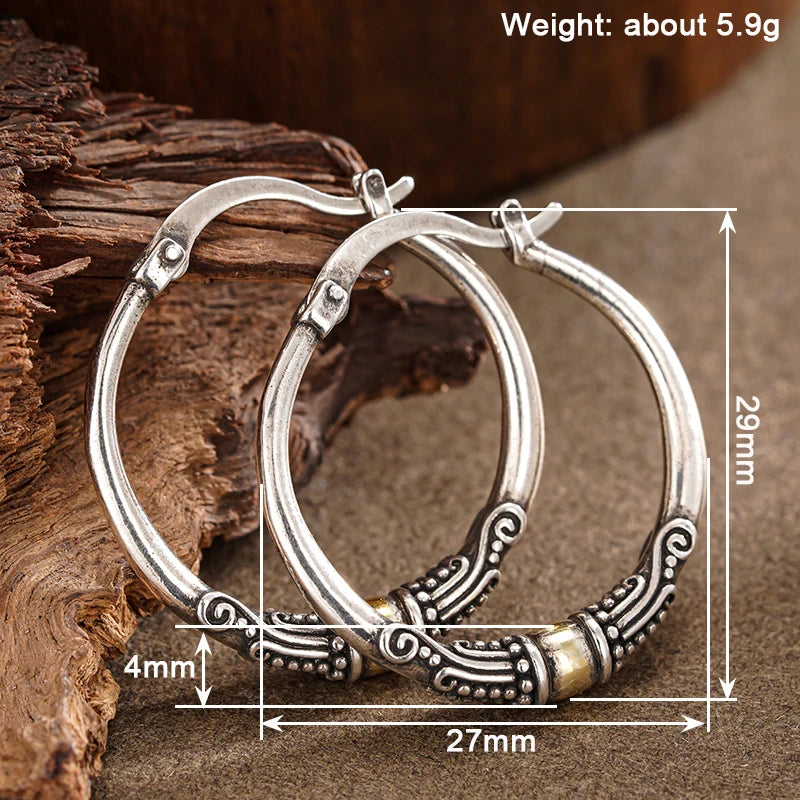 Huitan Vintage Two Tone Bohemian Style Hoop Earrings for Women Engraved Design Novel Trendy Party Big Circle Statement Jewelry