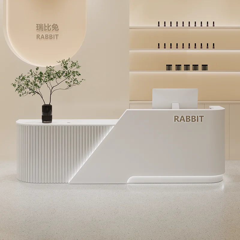 Industrial Modern Reception Desk Sculpted For Beauty Salons — White | KIMLUD