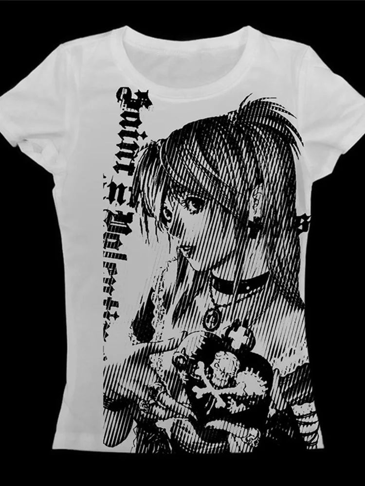 Women's Y2K Anime Streetwear O-Neck 90s Text Print Top Harajuku Vintage Crop Tee Aesthetic Emo Casual T-Shirt