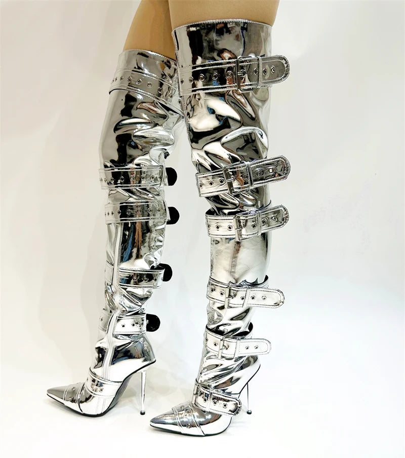 New Women's Denim Metal Rivet Buckle Sandals Women's Sexy Punk Style Pointed Hollow Metal 11cm High Heel Knee High Boots Size43