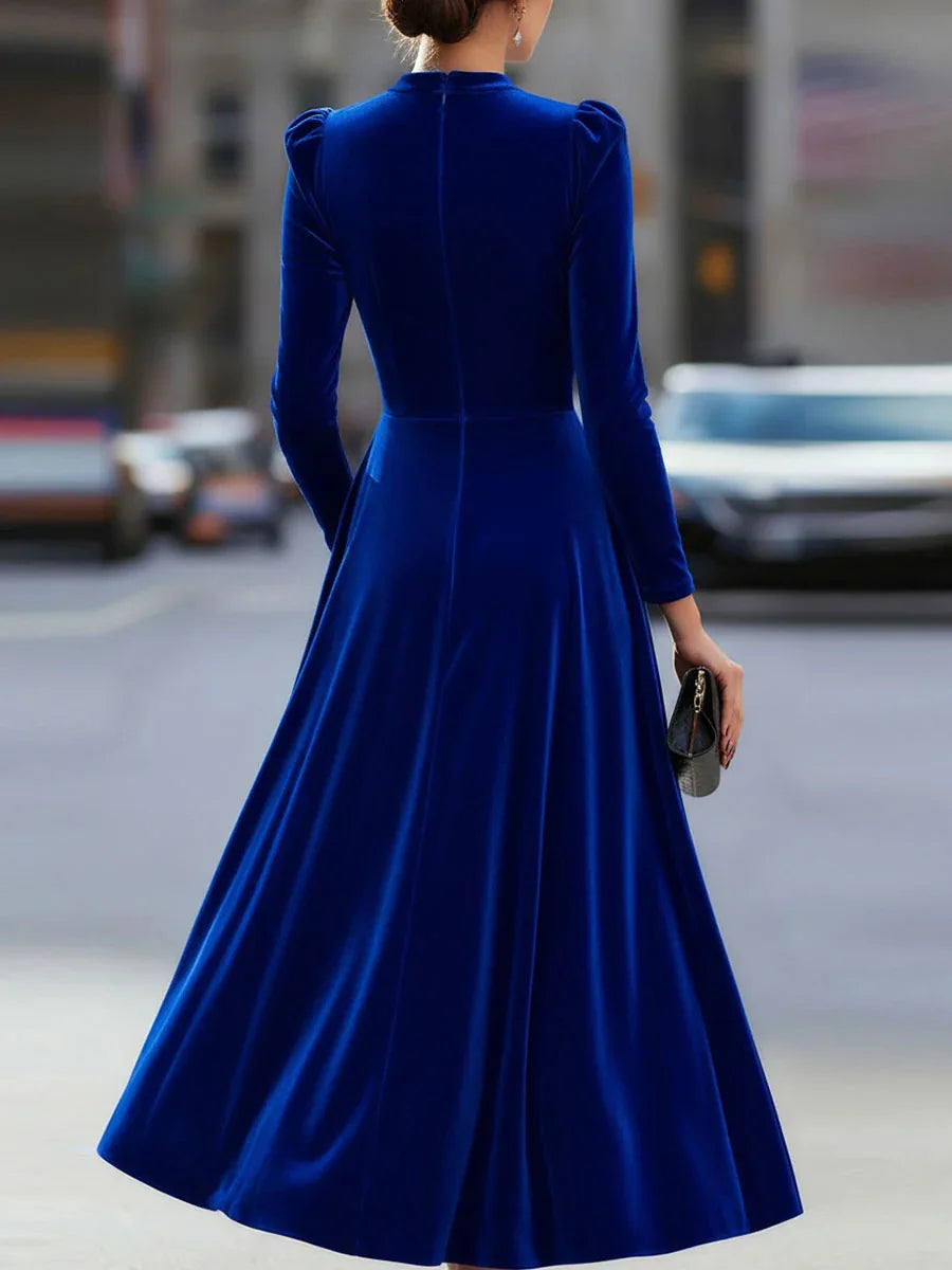 Velvet Dress Long Sleeve Round-Neck Midi — Navy | KIMLUD