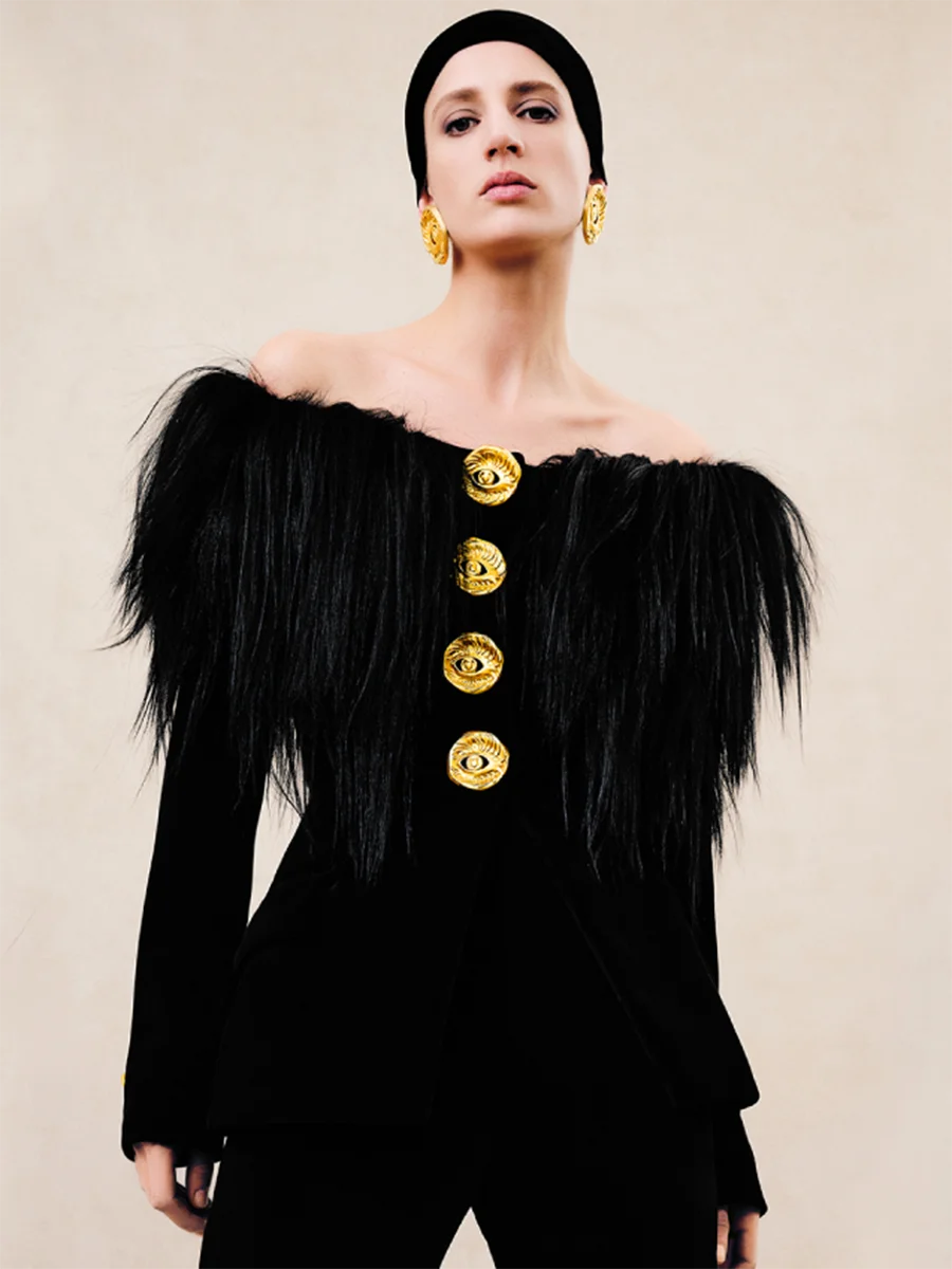 TWOTWINSTYLE Solid Slimming Spliced Metal Buttons Jackets for Women Slash Neck Long Sleeves Patchwork Fur Jacket Female Fashion