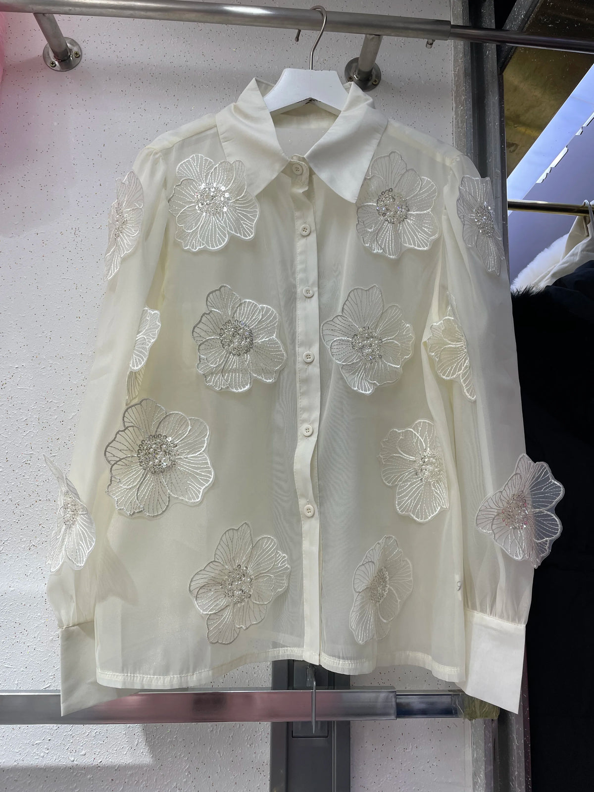 Long Sleeve Sequin Petal Applique Blouse – Acetate – White Beige | KIMLUD