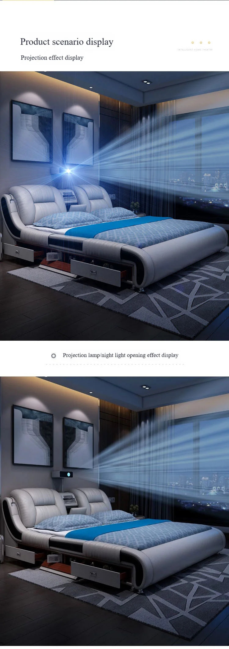 Genuine Leather Upholstered King Size Bed With Massage — Custom Color | KIMLUD