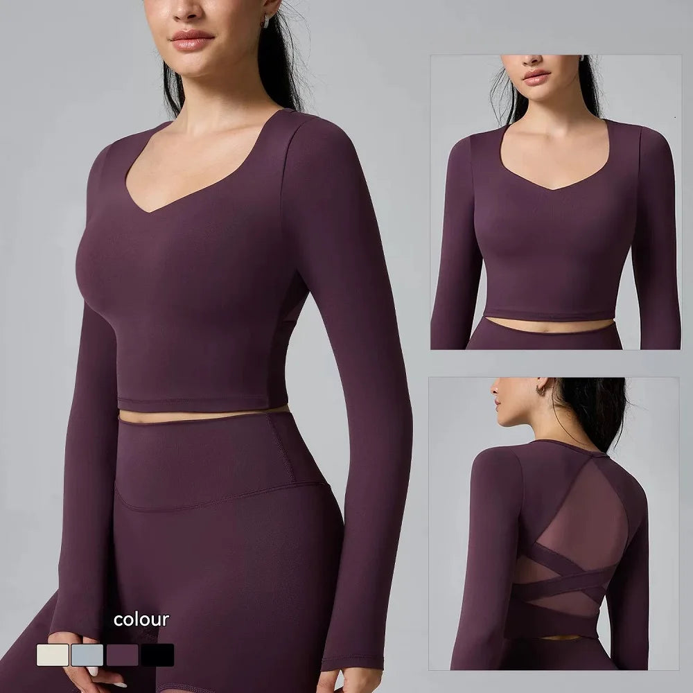 Nylon Elastane Knit Long Sleeve Yoga Top — White | KIMLUD