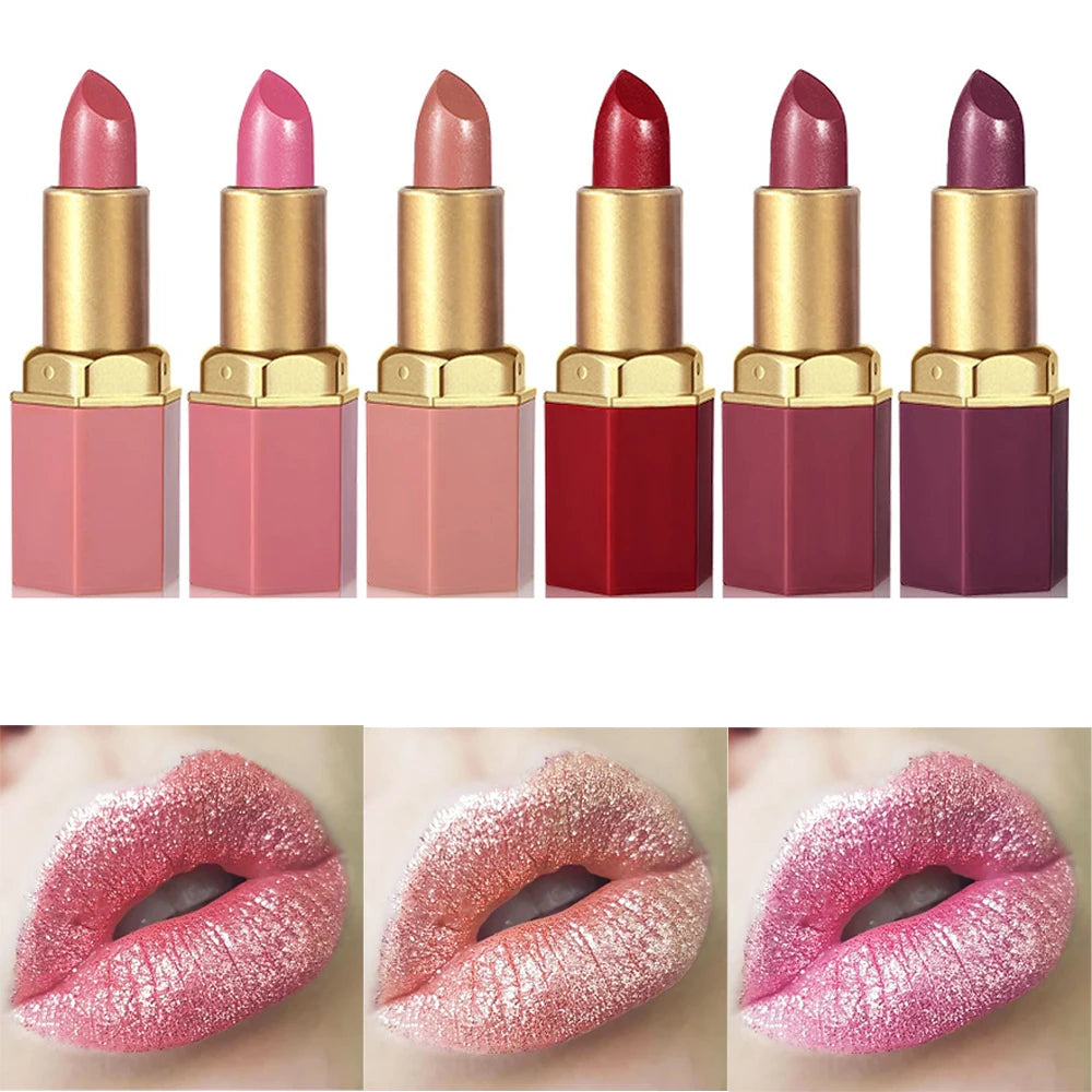 6 Colors Gold Bar Tube Lipstick Diamond Pearlescent Glitter Gold Pink Lips Stick Long-Lasting Non-Sticky High-Shine Makeup