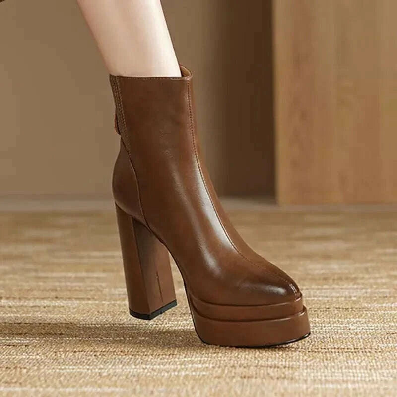 Soft Leather Chunky Heel Skinny Boots 2025 New Autumn Super High Heel Platform Women's Booties
