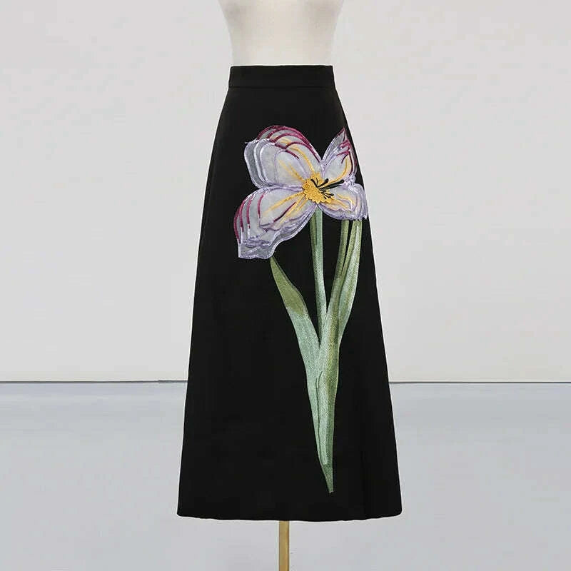 KIMLUD, Women's Temperament Elegant Three Dimensional Flower Skirt Two Piece Set Slit Backless Cropped Top High Waist A-line Skirts Sets, KIMLUD Womens Clothes