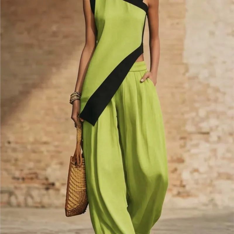 Wide Leg Color Block Pants And Top Set — Black | KIMLUD