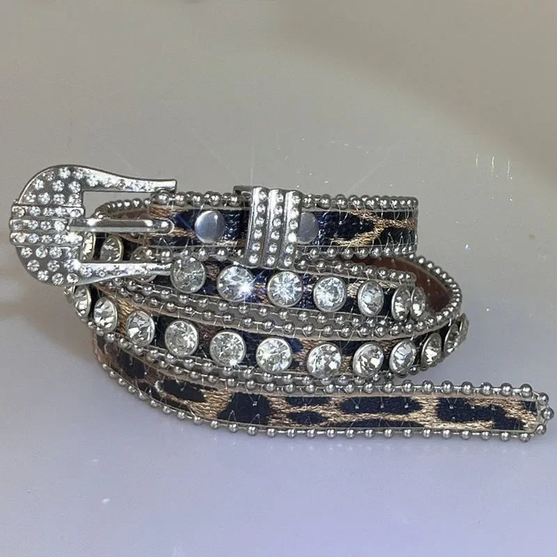 Belt – Leopard Rhinestone Bling – Metal PU – Leopard | KIMLUD