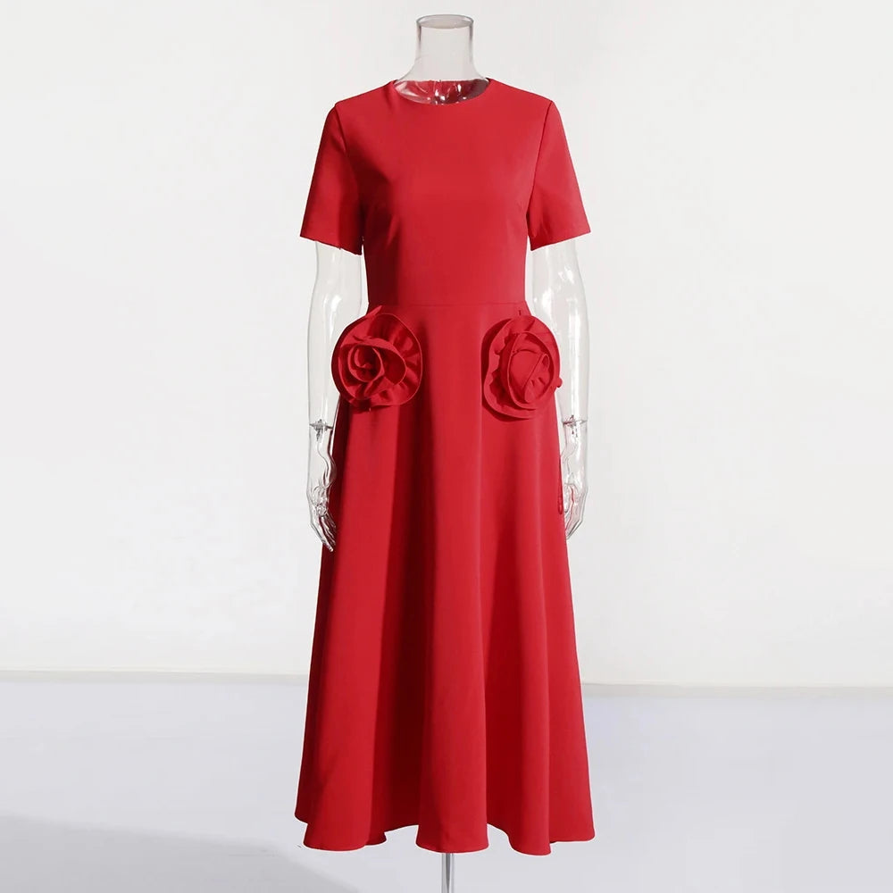 KIMLUD, VGH Red Patchwork Floral Long Dress For Women Round Neck Short Sleeve High Waist Elegant Dresses Female Fashion New Clothing, M / Red, KIMLUD Womens Clothes