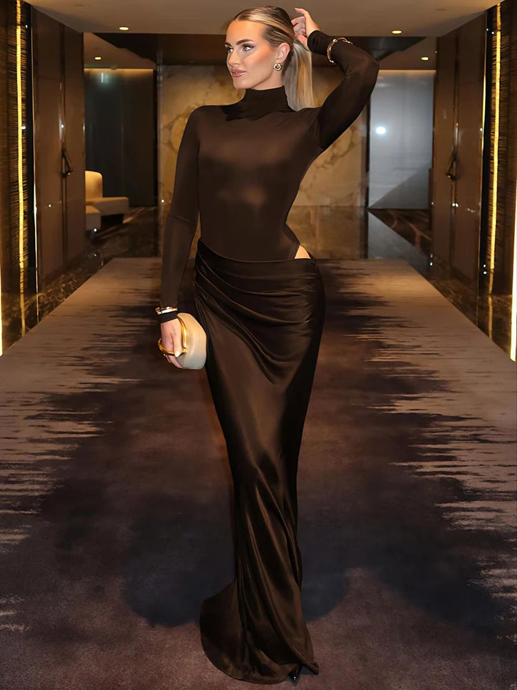 Mozision Autumn Long Sleeve Sexy Maxi Dress Women Fashion Hollow Out Turtleneck Ruched Bodycon Club Party Long Dresses Female