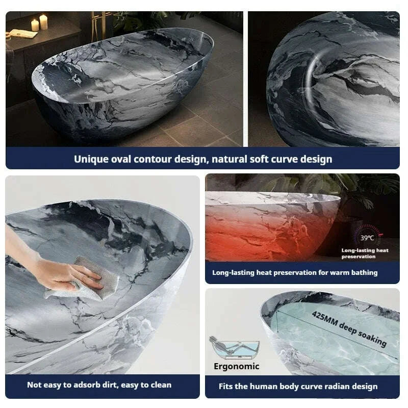 KIMLUD, Luxury marble-patterned freestanding bathtub, oval-shaped artificial stone soaking tub, suitable for hotels and villas., KIMLUD Womens Clothes