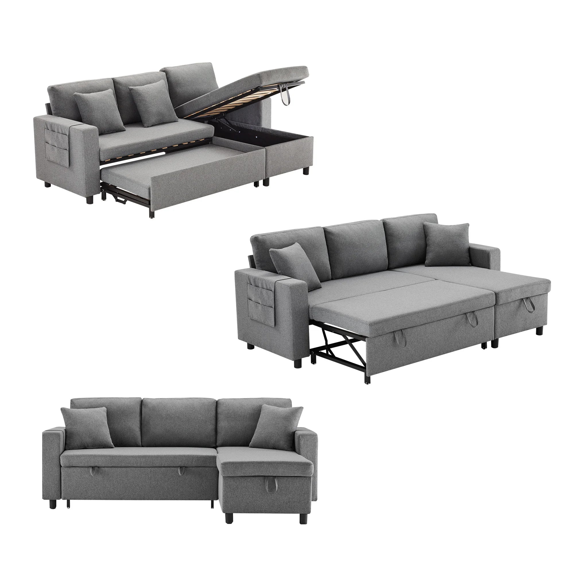 PINGGO L-Shape Sofa Bed with Sleeping Function, Convertible Armchair with Storage & Pocket Storage, Left Right Interchangeable