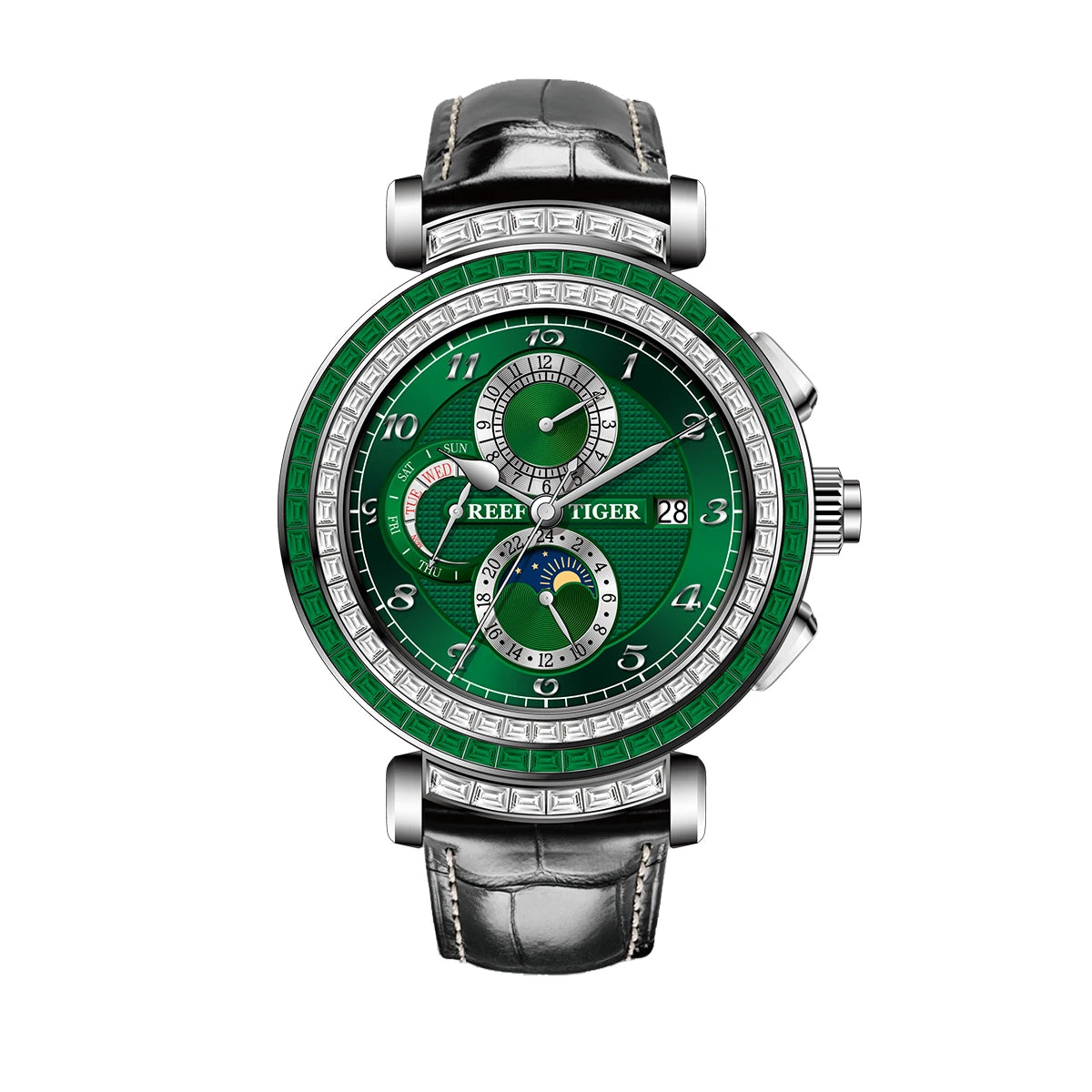 Men's Dress Watch – Moon Phase Date – Leather Strap – Green | KIMLUD