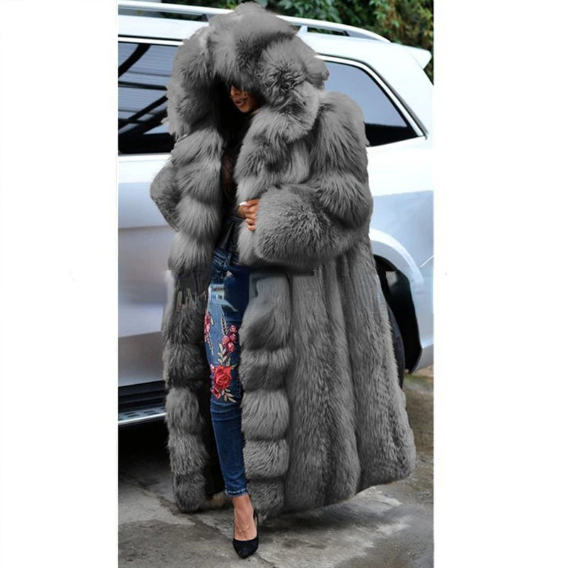 Winter Plus Size Longer Faux Fur Warm Coat Long Sleeve Coat Fox Fur Faux Fur Coat women's Long Hooded Fur all-in-one Fur Coat