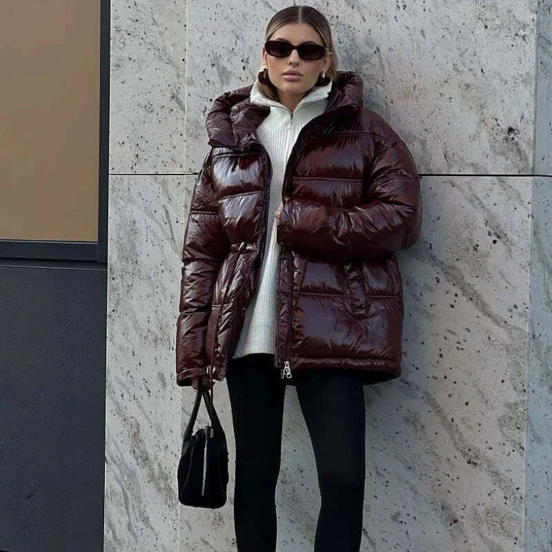 KIMLUD, Casual Shiny Hooded Cotton Jackets Women Stand Collar Zipper Drawstring Waist Solid Coat 2025 Winter Lady Chic Warm Outwears New, KIMLUD Womens Clothes