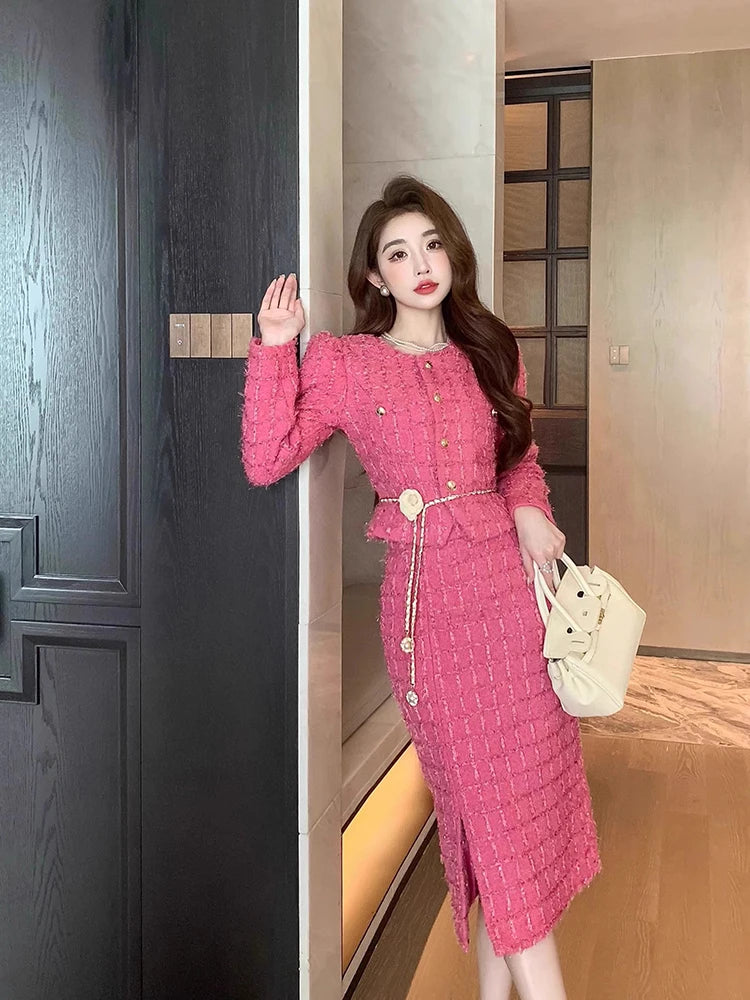 KIMLUD, Autumn Fashion Rose Red Woolen Two Piece Set Women Golden Button Chain Belt Tweed Short Jacket Coat+Split Midi Skirt Suit, KIMLUD Womens Clothes
