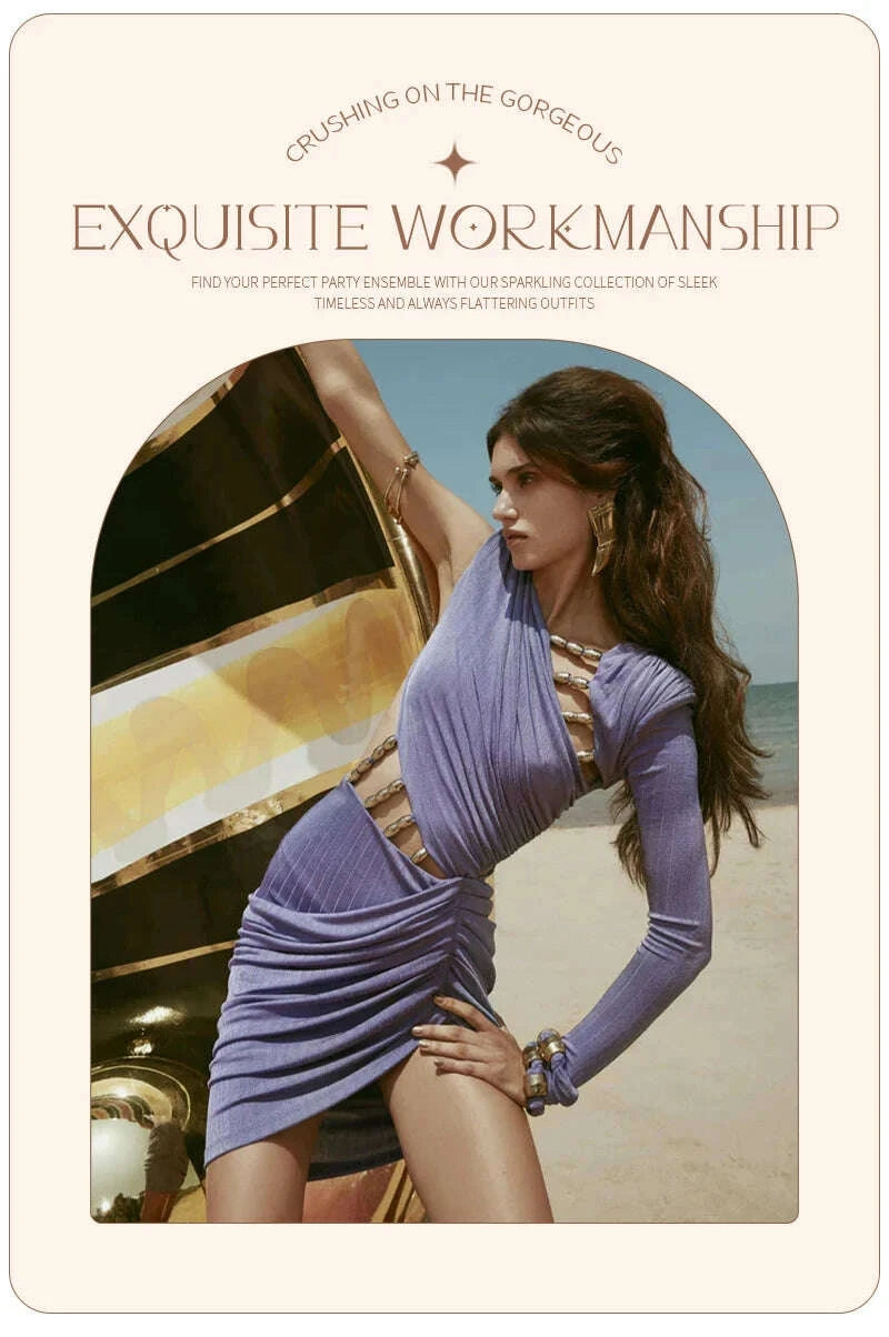 KIMLUD, VC Party Glamour Purple One-Shoulder Cutout Chain Mini Dress for Summer Fashion Gala Gown, KIMLUD Womens Clothes