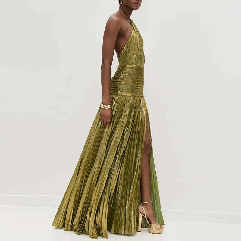 KIMLUD, Gold Sexy Halter High Split Gowns Evening Dress Woman Chic Solid Hollow Pleated Long Dress Spring Summer Backless Zip Maxi Dress, KIMLUD Womens Clothes