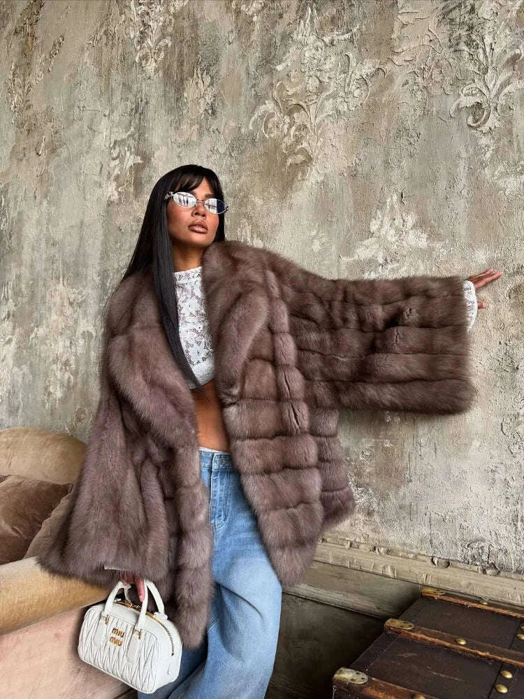 KIMLUD, Women Elegant Fake Fur Coat Bell Sleeve Lapel Suede Surface Girdle Coats Unique Luxury Temperament 2025 New Winter High Street, KIMLUD Womens Clothes