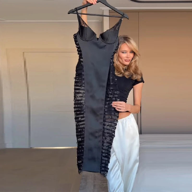 Sexy Cutout Lace Trim Satin Bodycon Midi Dress Women's Elegant Strap Slim Sleeveless Dresses Lady New Trend Club Date Night