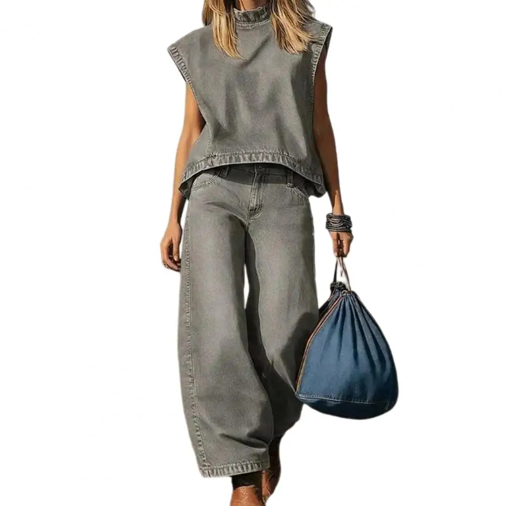 Washed Denim Sleeveless Office Set — Blue | KIMLUD