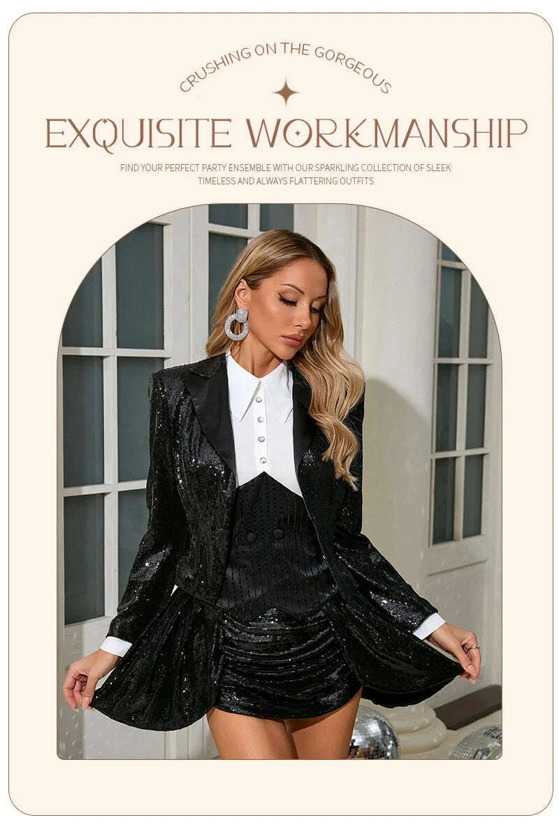 KIMLUD, VC Chic Office Elegant Black Sequin Blazer Mini Dress Set with Button Party & Event Wow Work Events, KIMLUD Womens Clothes
