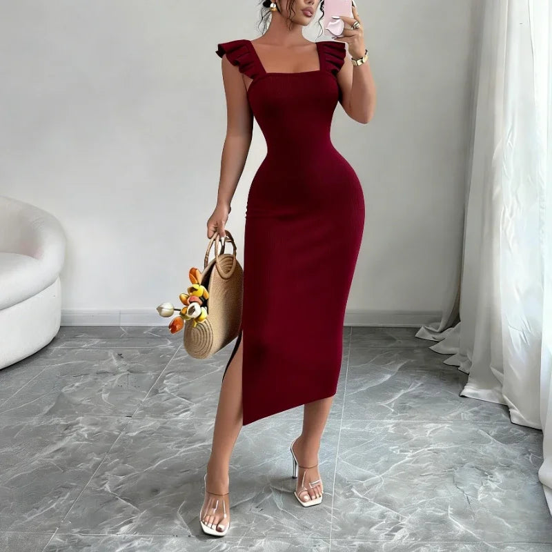 Ribbed Knit Bodycon Maxi Dress Square Neck Ruffle Straps — Black | KIMLUD
