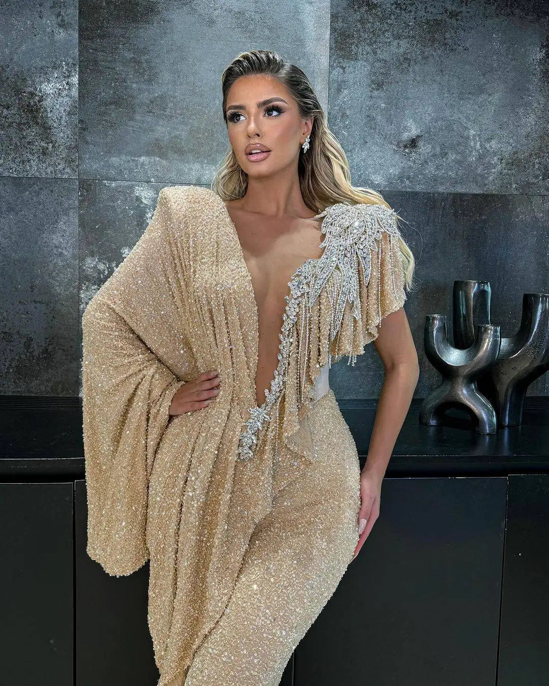 Sequined Mermaid Evening Gown V Neck Beading — Black | KIMLUD