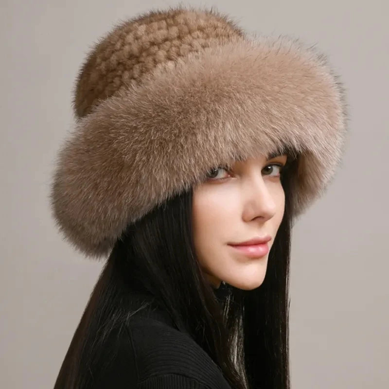 KIMLUD, New Genuine Real Natural Knitted Mink Fur Hat Cap Luxury Women Handmade Knit Fashion Winter Headwear Warm Real Fox Fur Beanies, KIMLUD Womens Clothes