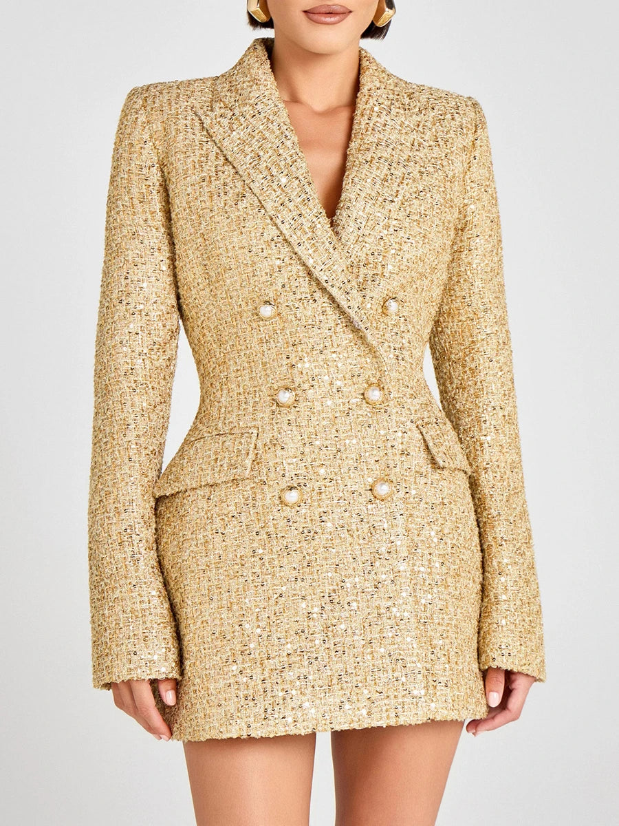 TWOTWINSTYLE Slimming Spliced Sequins Temperament Coats for Women Lapel Long Sleeves Tunic Patchwork Double Breasted Coat Female